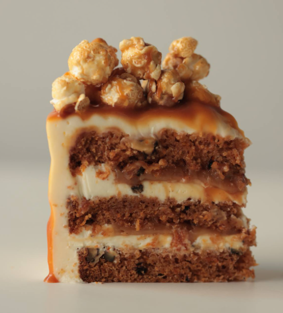 Carrot Cake with Soft Caramel and Popcorn